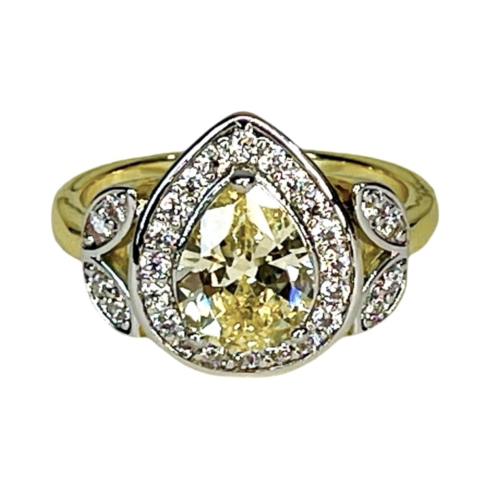 Gorgeous Pear-Shaped Canary Ring with Diamond-Like Pavé Halo - Size: 7